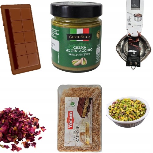 Zestaw XXL Dubajska Czekolada forma + krem + ciasto kadayif + róża+pistacje