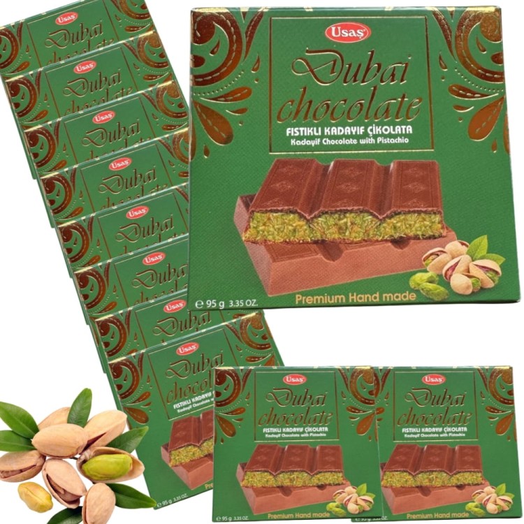 10x ORYGINALNA TURECKA DUBAJSKA CZEKOLADA MLECZNA Z KADAYIF I PISTACJAMI 95G