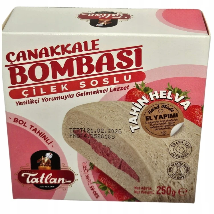 ORYGINALNA Turecka Chałwa Tatlan 250g Sezamowa z NADZIENIEM TRUSKAWKOWYM