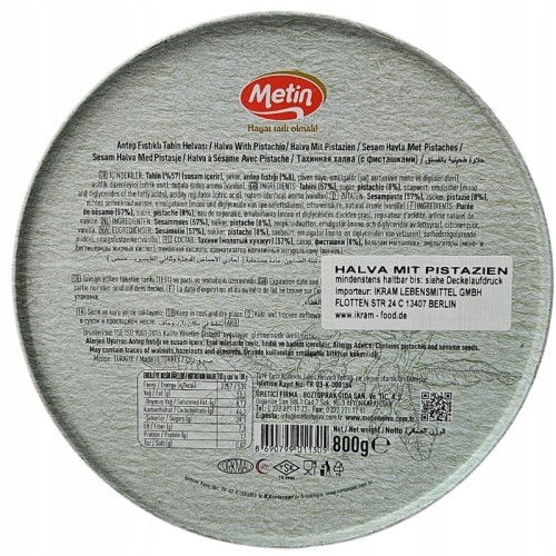 METIN Oryginalna Turecka Chałwa z PISTACJAMI 8% | 57% TAHINI 800g PUSZKA