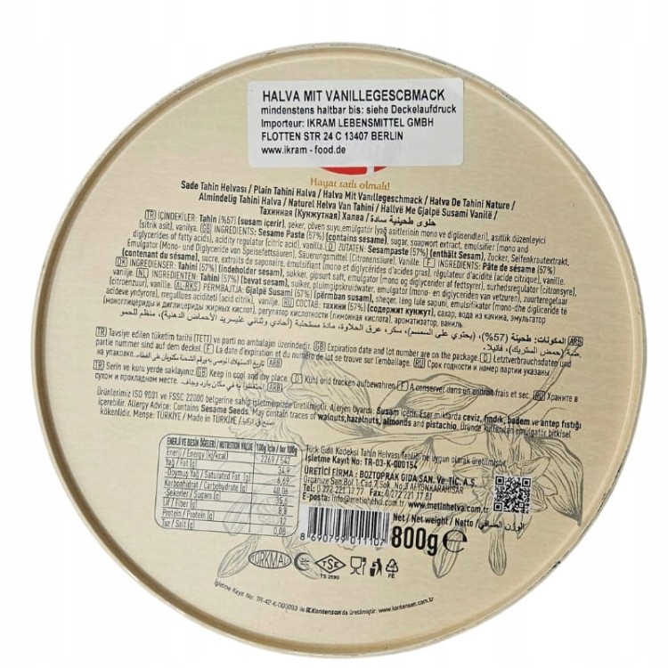 METIN Oryginalna Turecka Chałwa WANILIOWA | 57% TAHINI 800g PUSZKA