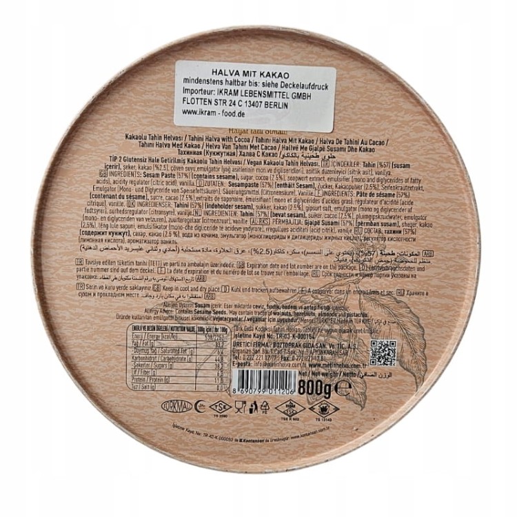 METIN Oryginalna Turecka Chałwa KAKAOWA | 57% TAHINI KAKAO 800g PUSZKA