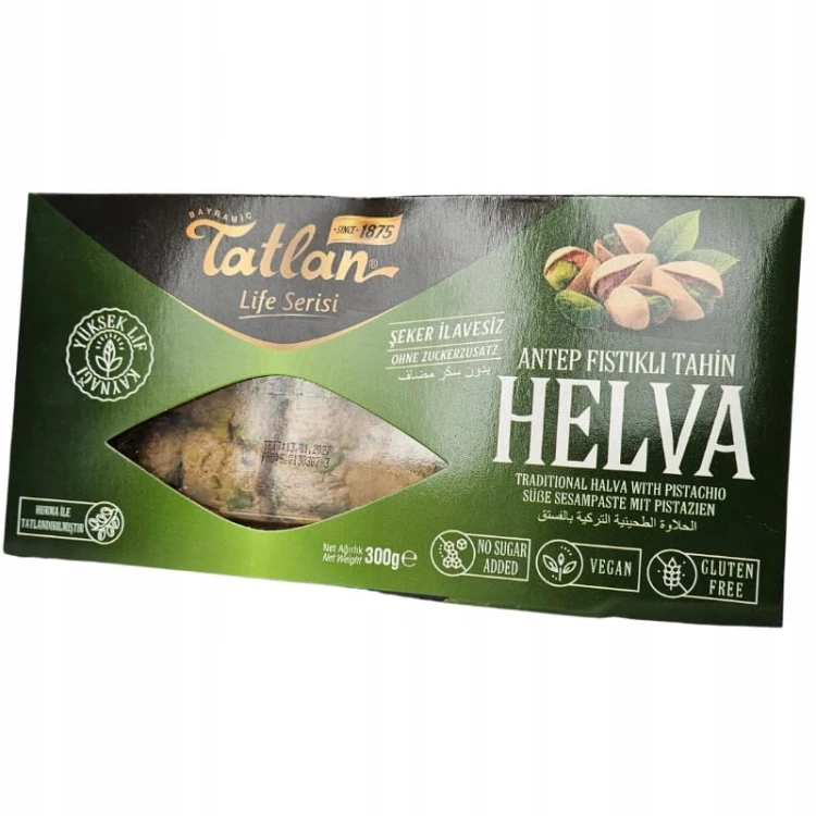 Oryginalna WEGAŃSKA Turecka Chałwa 65% SEZAMOWA Z PISTACJAMI BEZ CUKRU 300g