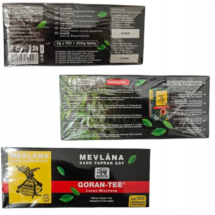 Oryginalna Cejlońska Herbata czarna w torebkach MEVLANA Goran Tee 100 x 2g