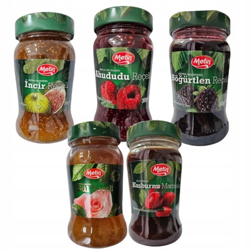 ZESTAW 5 DŻEMÓW TURECKICH METIN RÓŻA FIGA JEŻYNA MALINA DZIKA RÓŻA 5*360G