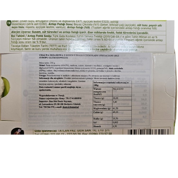 ORYGINALNA Turecka Chałwa Tatlan 250g Sezamowa z NADZIENIEM PISTACJOWYM